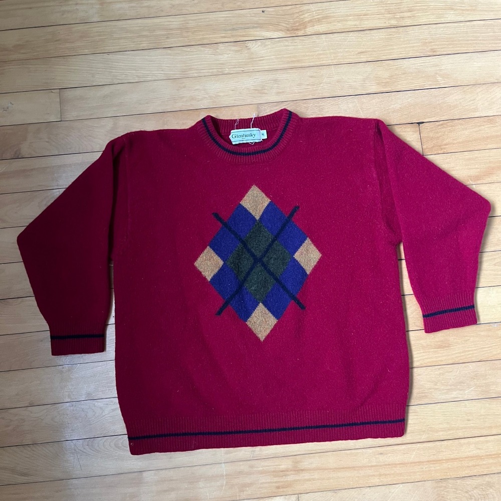 Glenhusky Vintage Burgundy Argyle Crewneck Sweater Mens XL Red Pullover Knit